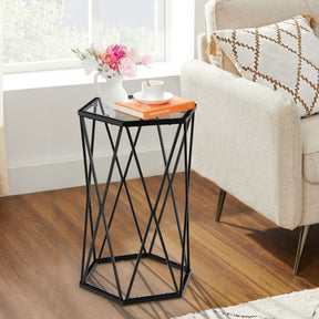Giantex Compact Coffee Table, Hexagonal Side Table w/Tempered Glass Top & Metal Frame