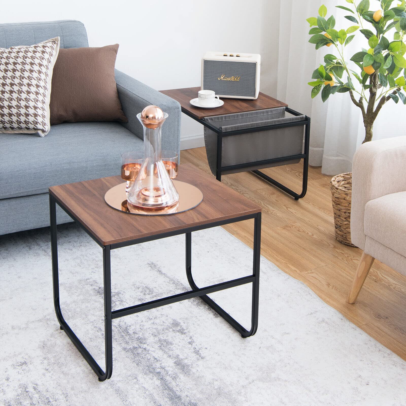 Giantex Nesting Coffee Table Set of 2, Stackable Side Table w/Magazine Holder, Rustic Brown