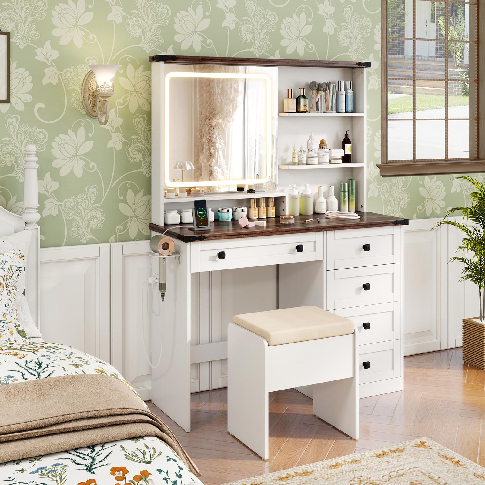 Giantex Farmhouse Vanity Set w/Mirror and Lights, Modern Dressing Table & Stool Set w/ 3-Color Lighting & Adjustable Brightness
