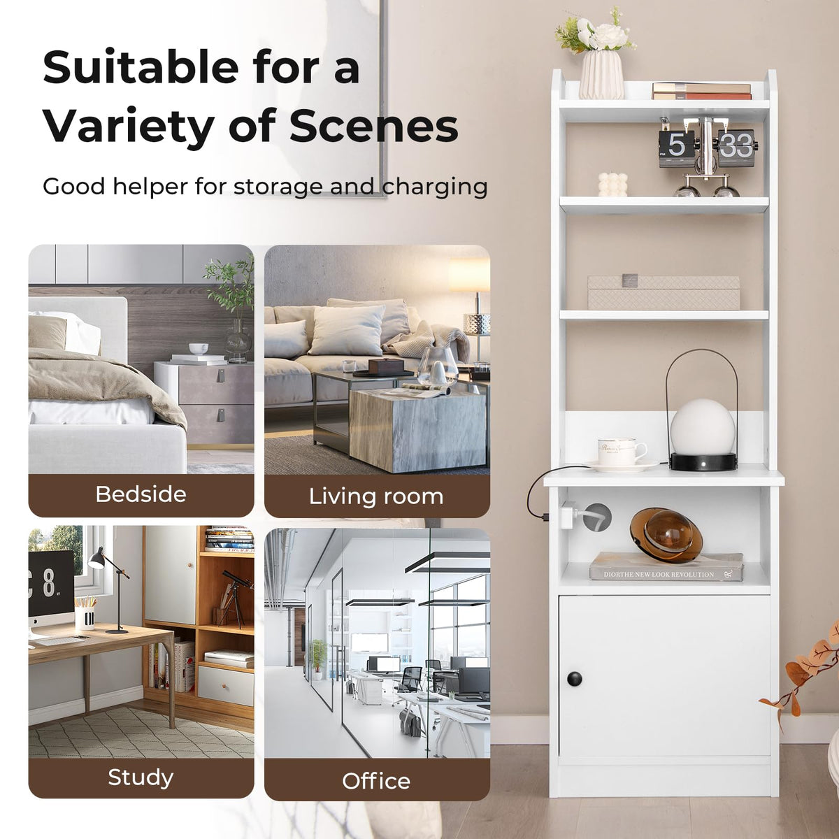 Tall Nightstand w/Built-in Charging Station, Bedside Tables Night Stands w/Shelf & Cabinet