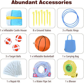 HONEY JOY 8 in 1 Inflatable Water Slide, Water Park w/Double Slides, Basketball Hoop, Water Gun