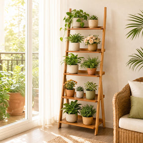 5-Tier Bamboo Ladder Shelf Bookcase, Natural