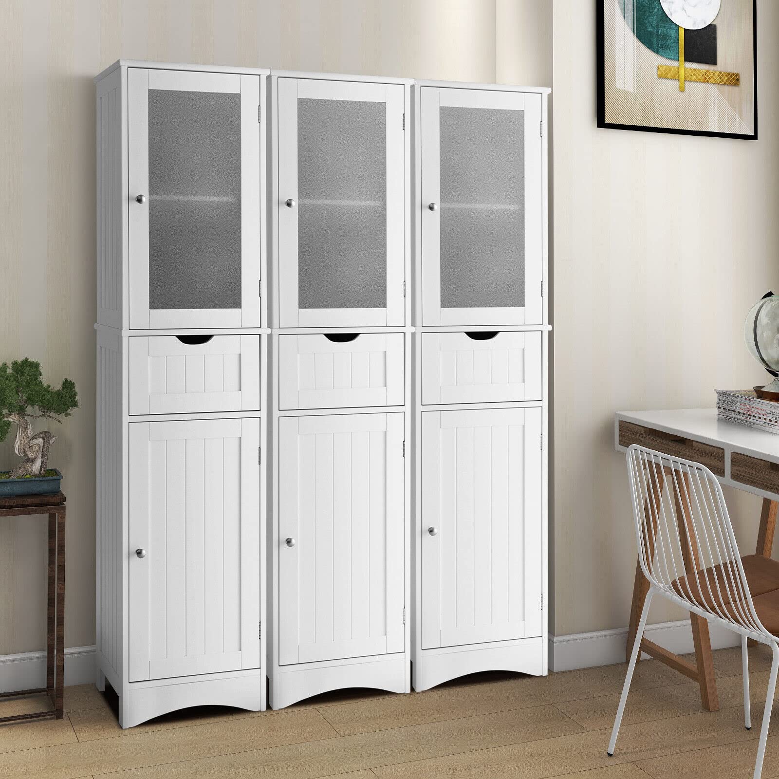 Giantex Freestanding Storage Cabinet, 170 cm Tall Slim Bathroom Cabinet with 2 Adjustable Shelves, 2 Doors and 1 Drawer