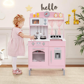 Wooden Play Kitchen for Kids with 3 Adjustable Heights and Stoves and Ice Maker
