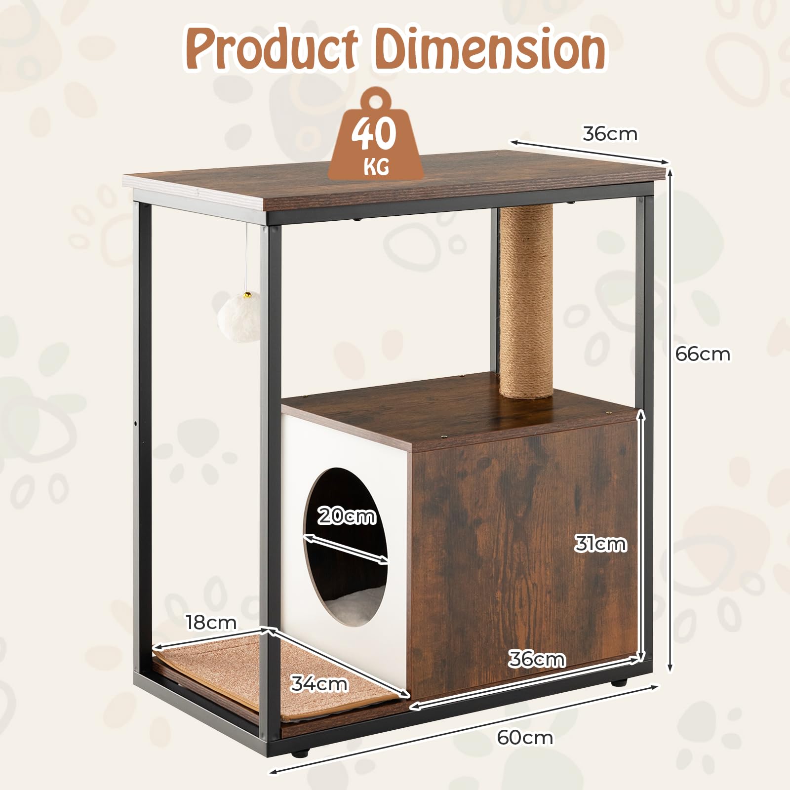 Cat Furniture End Table, Cat House for Indoor Cats w/Scratching Post