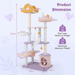 Cute Cat Tree for Indoor Cats, 167cm Multi-Level Tall Cat Tower, Purple