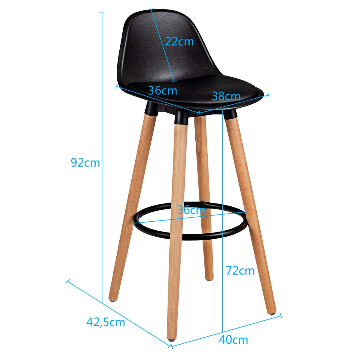 2Pcs Bar Stools, Pub High Barstool Dinning Chair w/ Round Metal Footrest, Beech Wood Legs