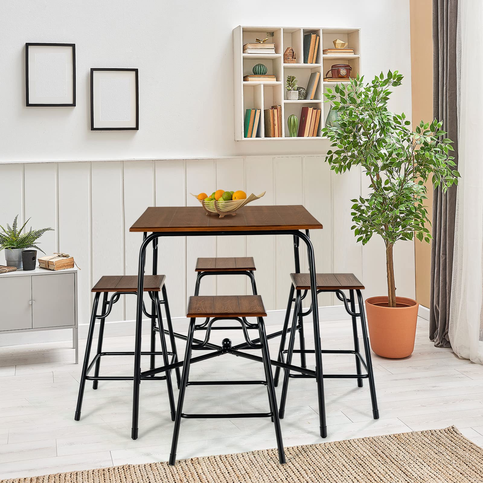 Giantex 5-Piece Bar Table Set, Vintage Counter Height Square Table w/ 4-Piece Classic Backless Stools, Rustic Brown