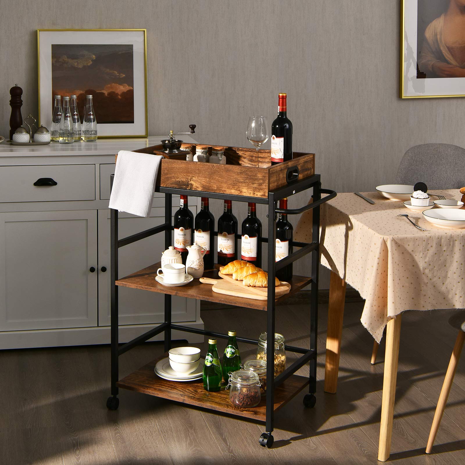 Giantex 3-Tier Kitchen Island Bar Cart, Industrial Serving Cart, Utility Trolley Wine Storage Cart