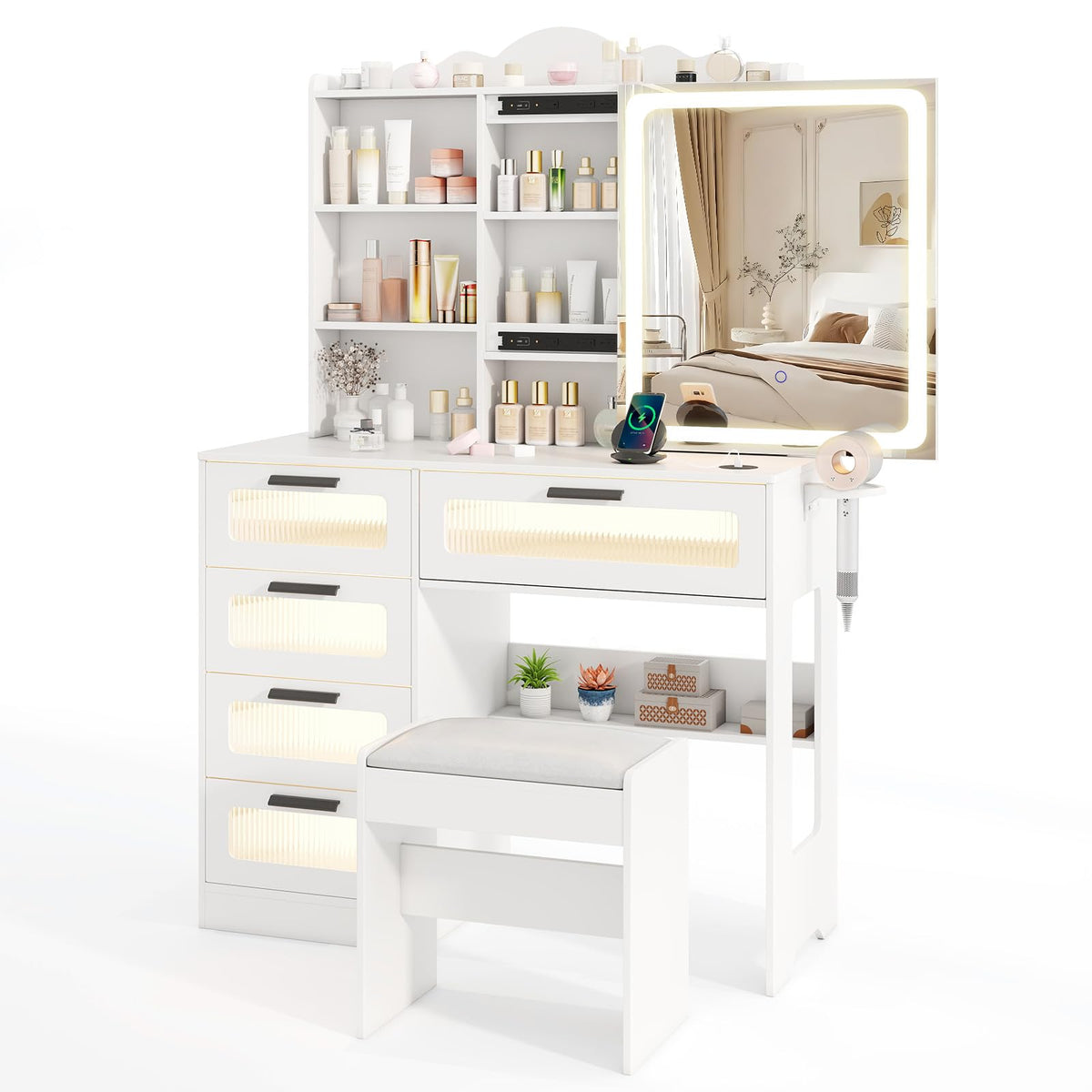 Makeup Vanity Desk w/Mirror & Lights, Dressing Table and Stool Set w/Charging Station