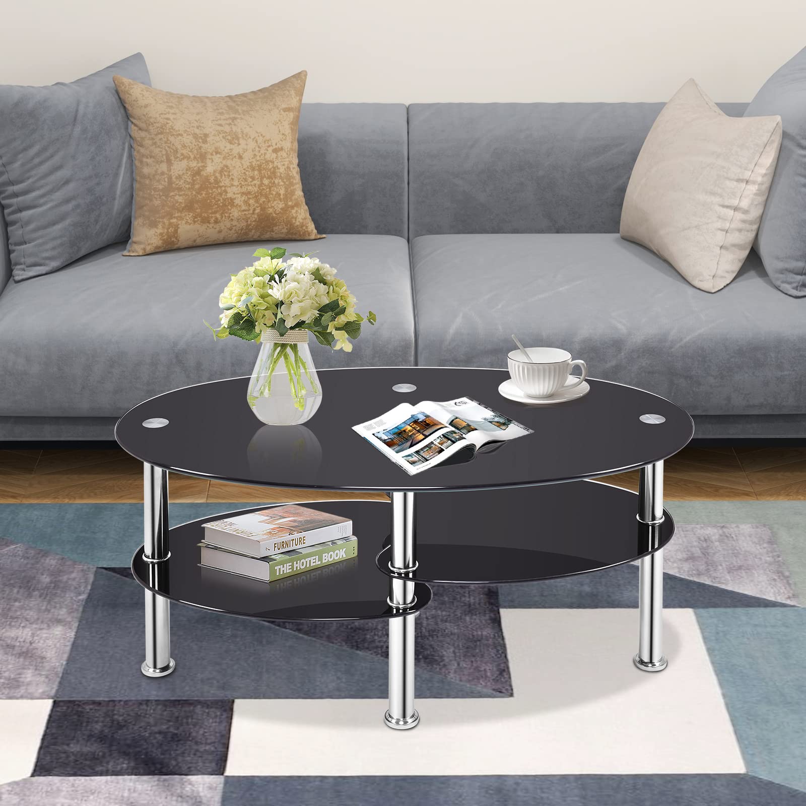 Giantex Tempered Glass Coffee Table, 3-Tire Modern Oval Tea Table, Smooth End Table with Open Storage Shelf