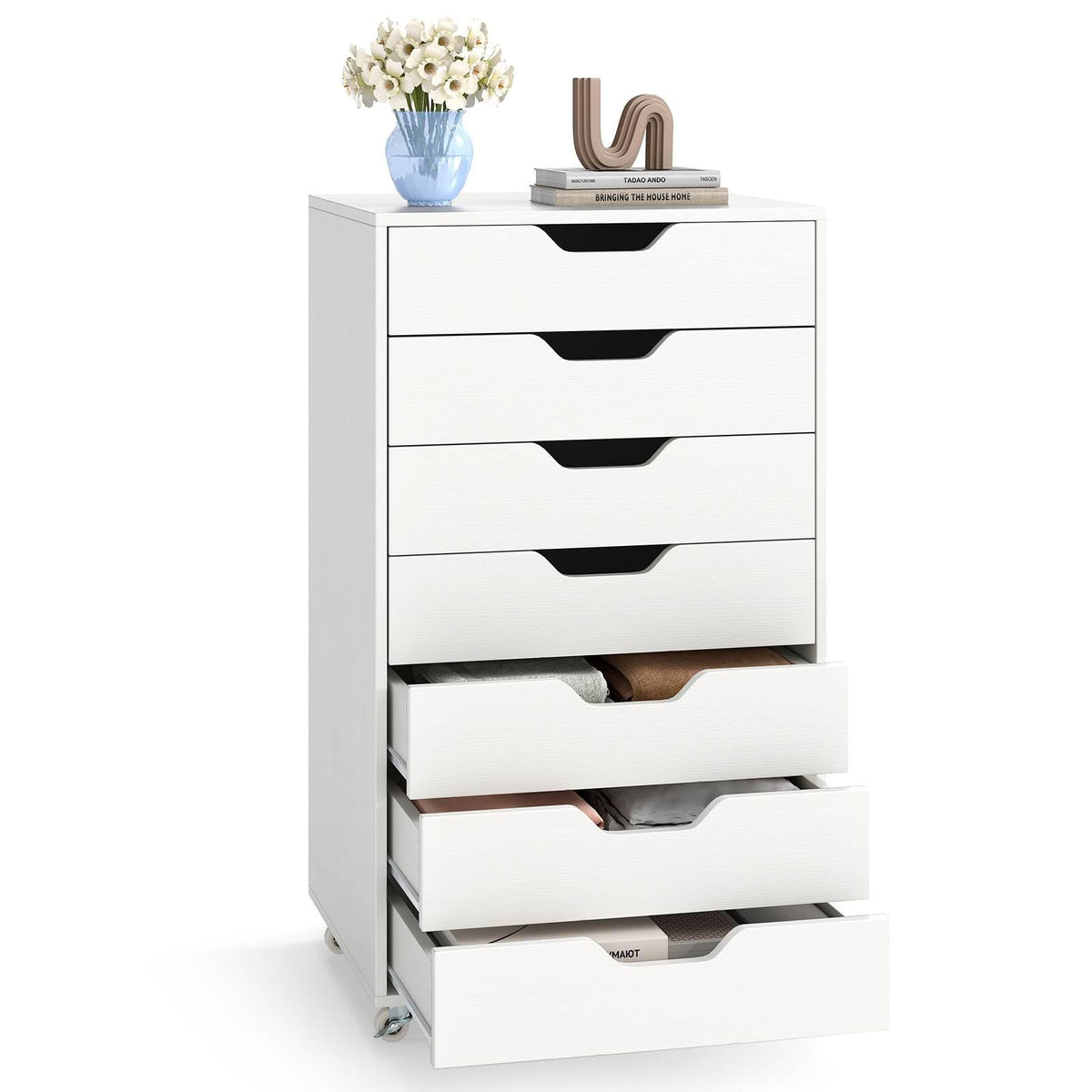 7-Drawer Storage Cabinet, Mobile File Organizer with 4 Universal Casters, Wooden Vertical Filing Dresser Chest on Lockable Wheels for Office, Study, Living Room, Bedroom