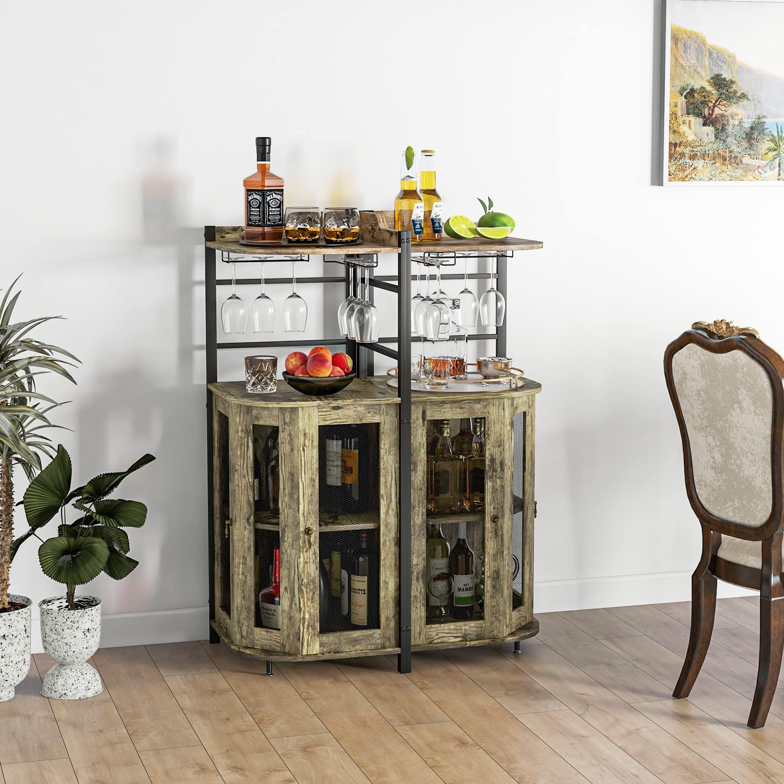 Giantex Corner Bar Cabinet with Glass Holder, Industrial Wine Cabinet with Metal Mesh Doors