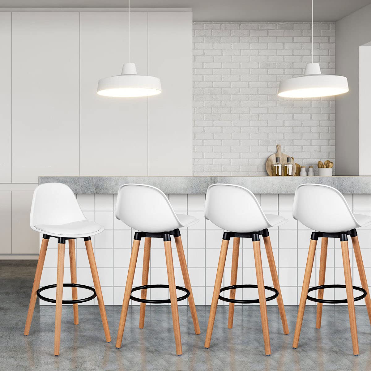 2Pcs Bar Stools, Pub High Barstool Dinning Chair w/ Round Metal Footrest, Beech Wood Legs
