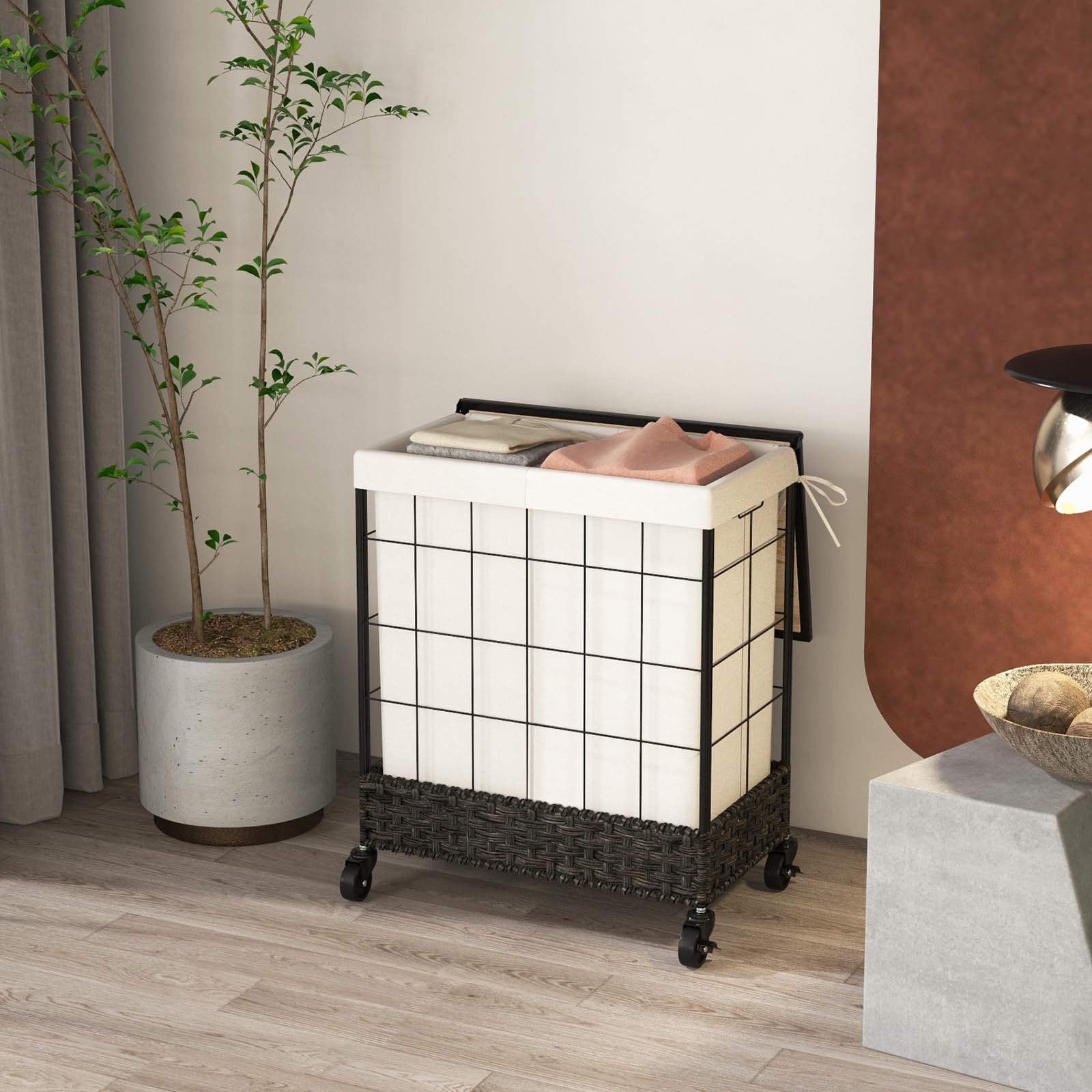 110/130L Laundry Hamper Handwoven Rattan Laundry Basket w/ Lid & Lockable Wheels