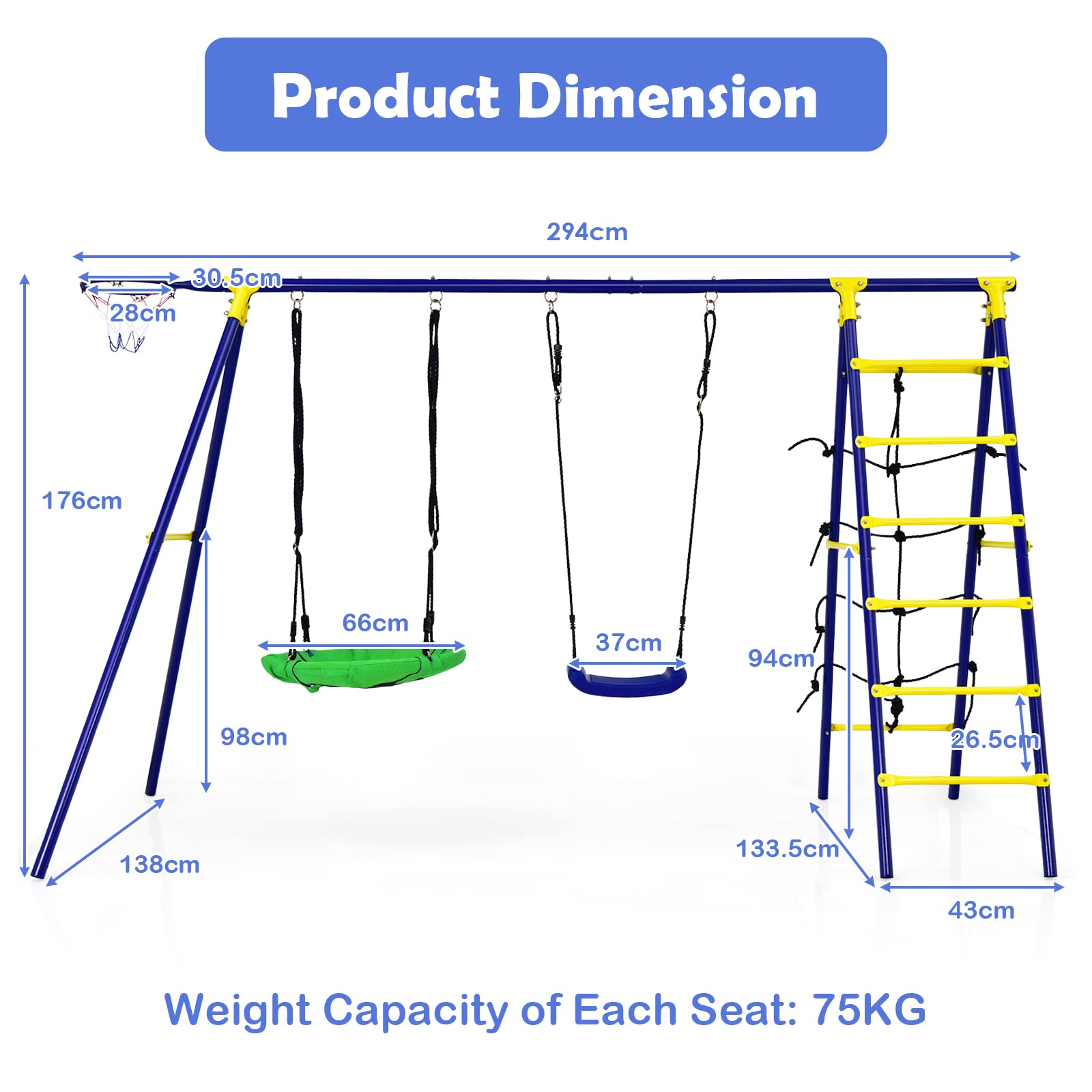 HONEY JOY 5-in-1 Metal Climb and Swing Set with 2 Tree Swings, Climbing Ladder