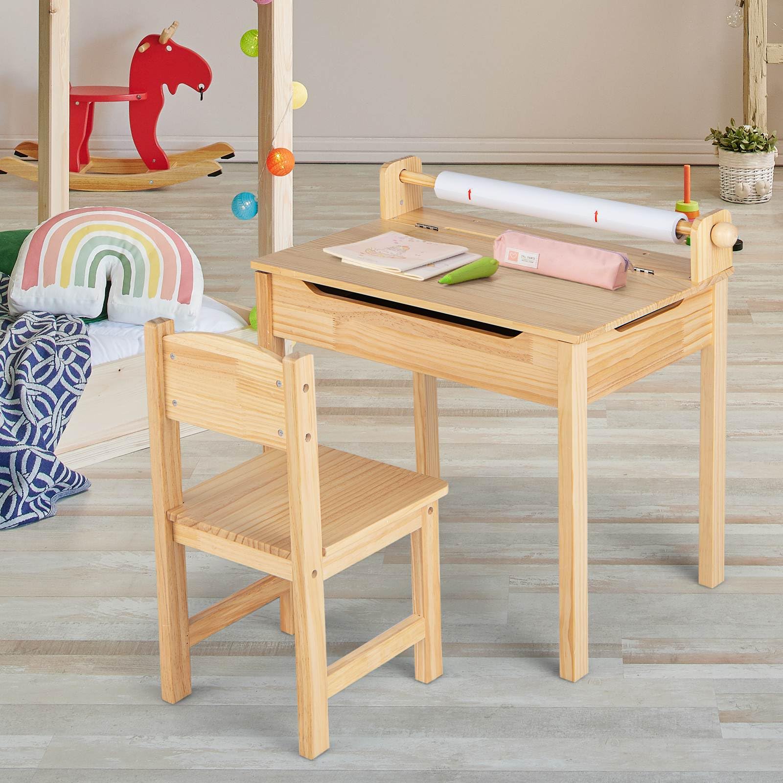 Kids Table and Chairs Set, Activity Desk and Chair for Children w/Paper Roll Holder & 2 Markers