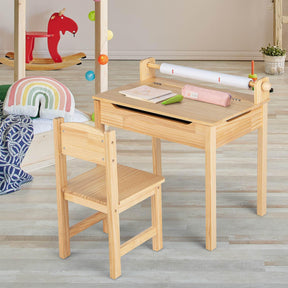 Kids Table and Chairs Set, Activity Desk and Chair for Children w/Paper Roll Holder & 2 Markers