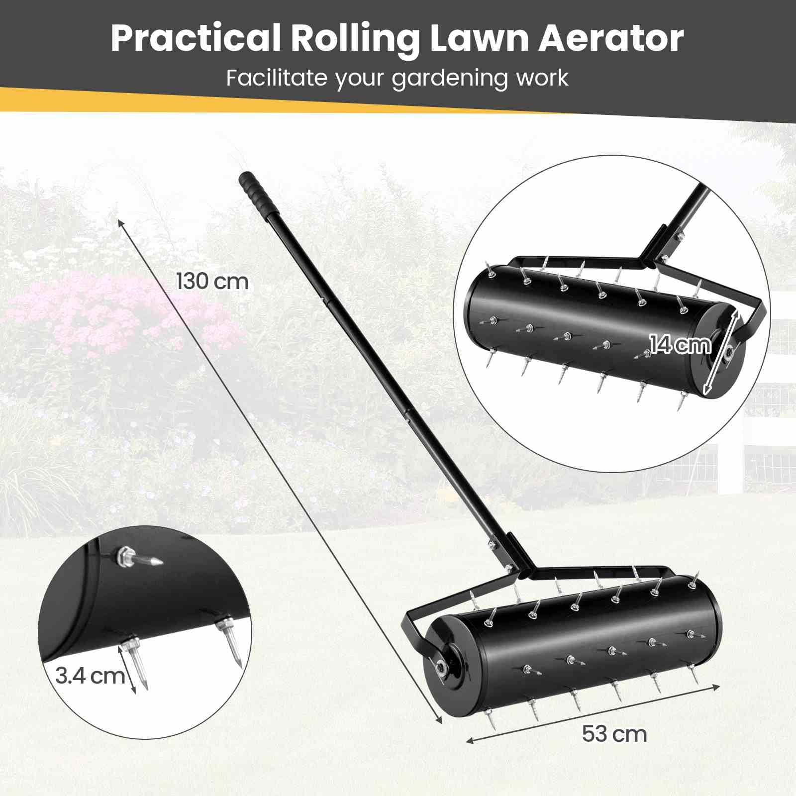 Heavy-Duty Rolling Aerator w/ Lawn Soil Penetrating Spikes & 130 cm Handle