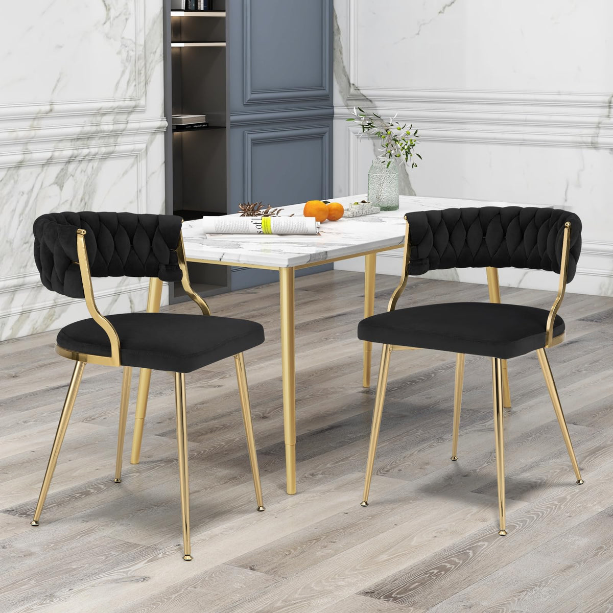 Velvet Dining Chairs Set of 2, Accent Upholstered Leisure Chairs w/ Gold Metal Legs, Sponge Filling Seats
