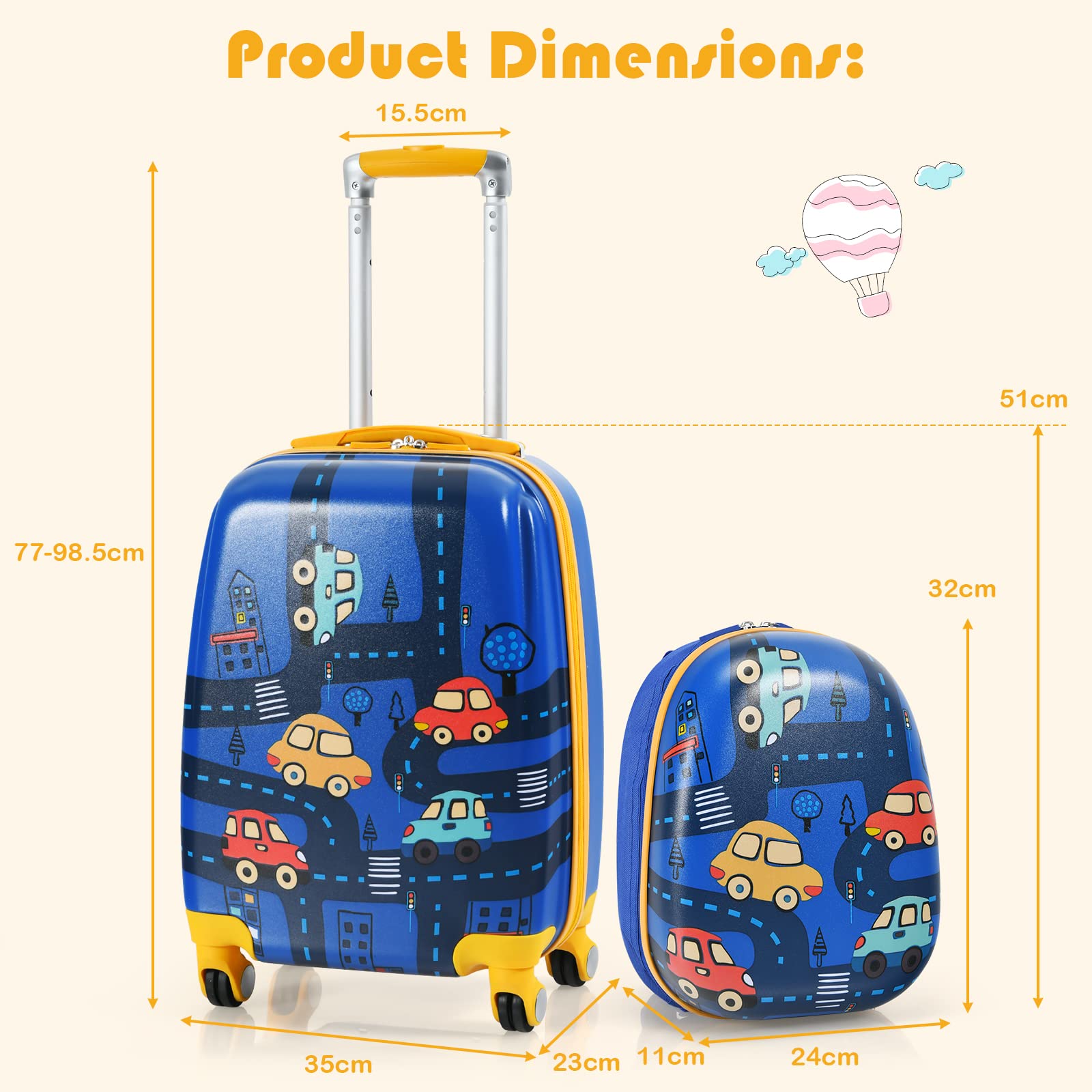 BABY JOY 2 PCS Kids Luggage Set, 13" & 18" Kids Carry On Suitcase Set, Children Travel Rolling Trolley Suitcase