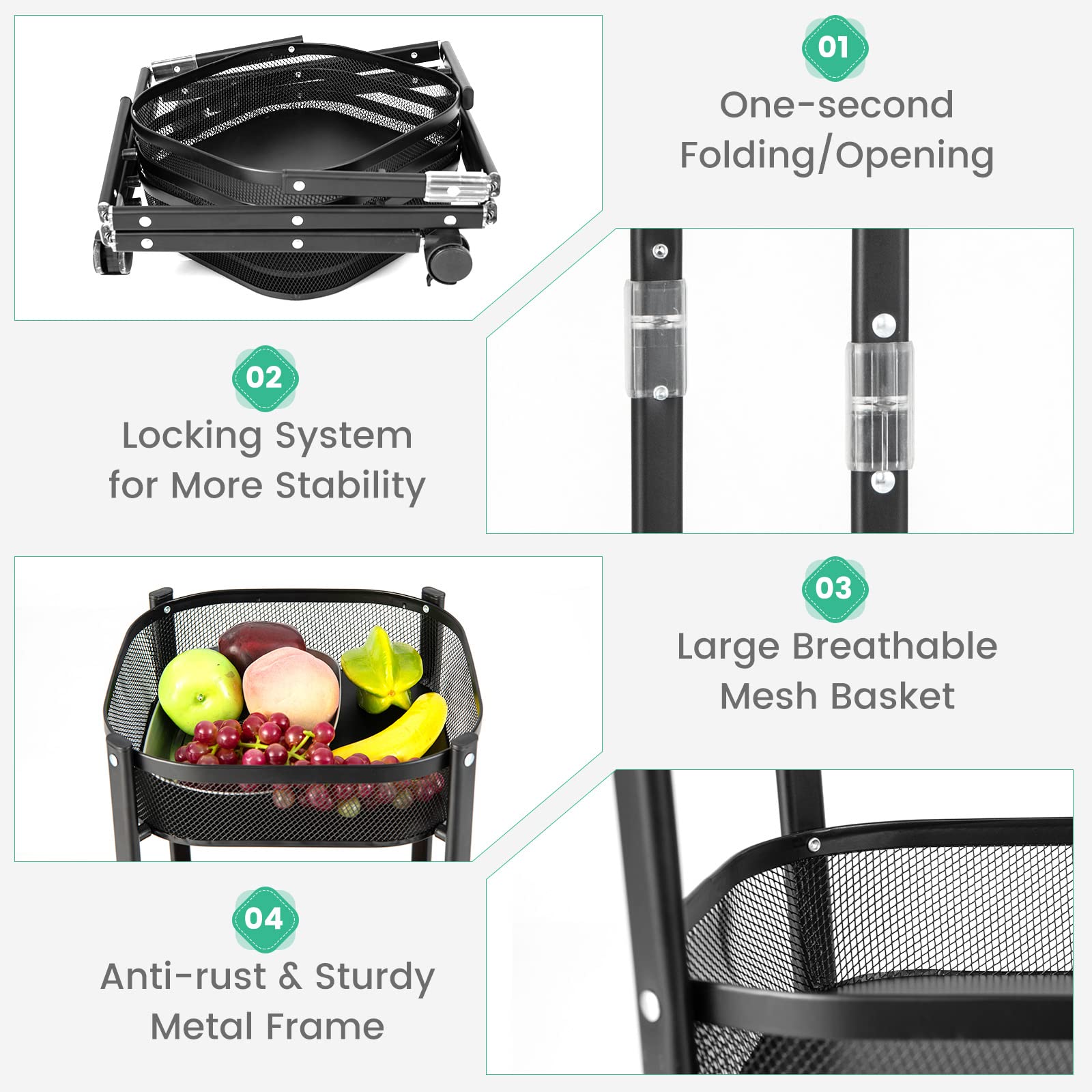 Giantex Foldable 3-Tier Utility Rolling Cart, One-Second Folding Metal Fruit Vegetable Storage Basket Stand with Wheels
