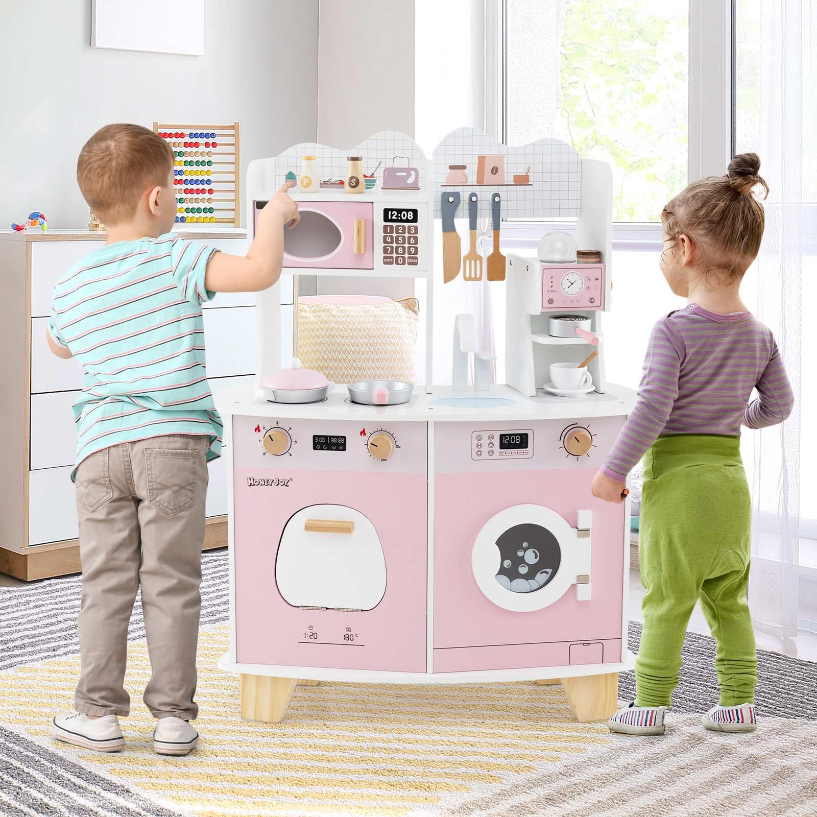 All-in-1 Wooden Kids Kitchen Playset, Pretend Play Kitchen w/Coffee Maker, Microwave, Oven