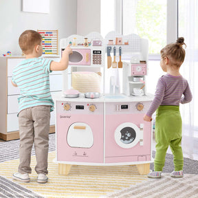 All-in-1 Wooden Kids Kitchen Playset, Pretend Play Kitchen w/Coffee Maker, Microwave, Oven