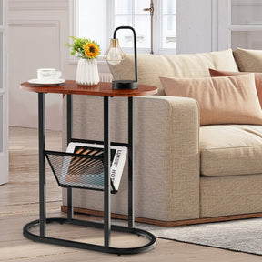 Giantex Industrial Side Table, 2-Tier End Table w/Mesh Shelf, Floor Coffee Table w/Heavy-Duty Steel Frame, Rustic Brown