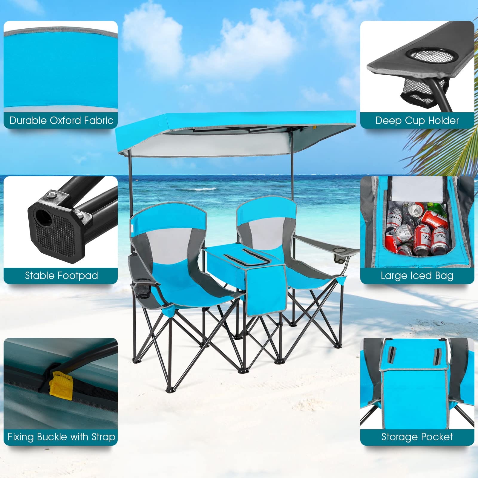 Double Folding Canopy Chair, Outdoor 2-Person Camping Seat with Adjustable Sun Shade