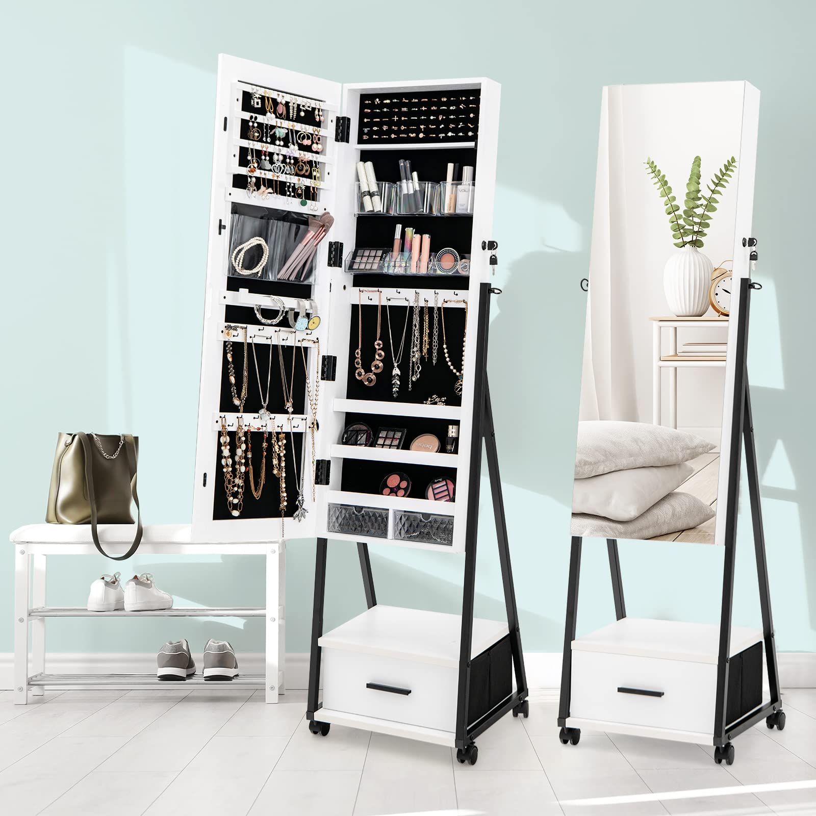 Giantex Mirror Jewelry Cabinet, Jewelry and Makeup Organizer w/ Full Length Mirror