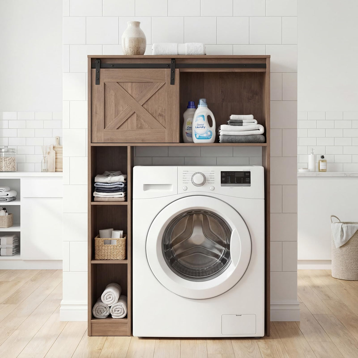 Over The Toilet Storage Cabinet, Freestanding Bathroom Organizer with Sliding Barn Door & Shelves