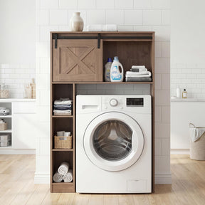 Over The Toilet Storage Cabinet, Freestanding Bathroom Organizer with Sliding Barn Door & Shelves