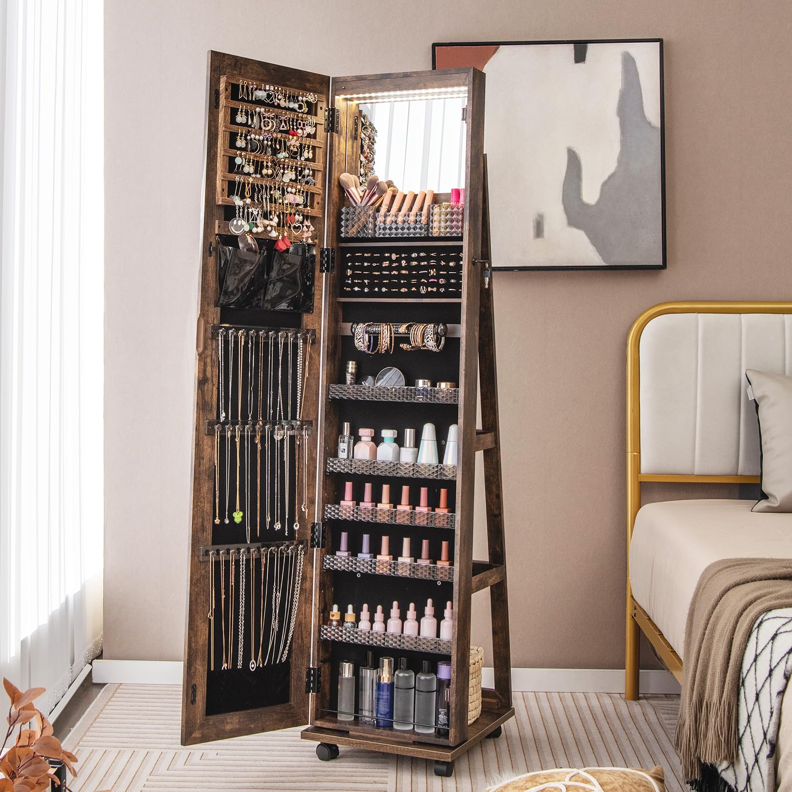Giantex 164cm Mobile Jewelry Cabinet Armoire, Standing Lockable Jewelry Organizer