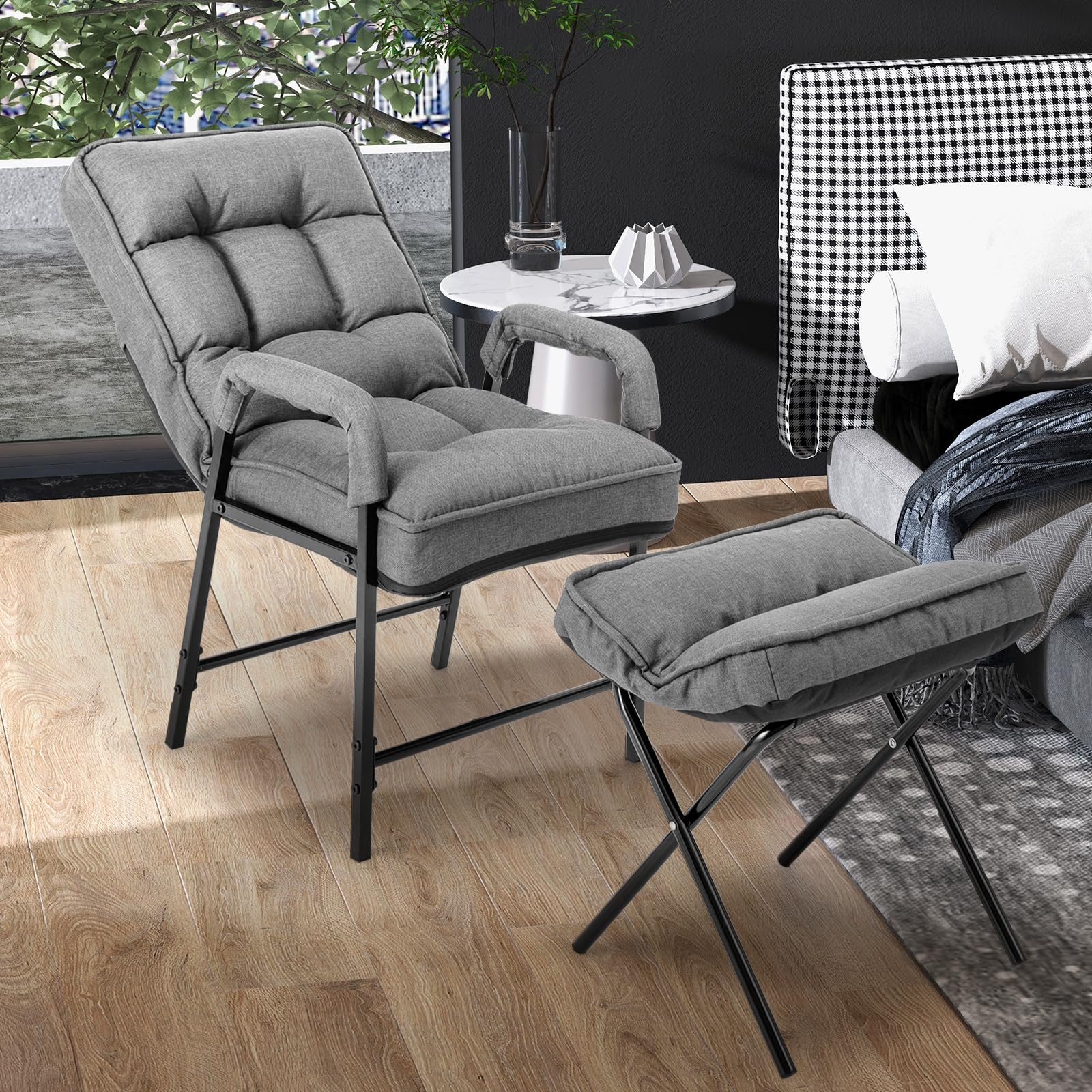 Giantex Modern Accent Chair w/Ottoman, Linen Fabric Arm Chair w/Adjustable Backrest & Solid Metal Frame