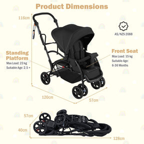 Foldable Double Stroller, Sit and Stand Stroller, with Wristband