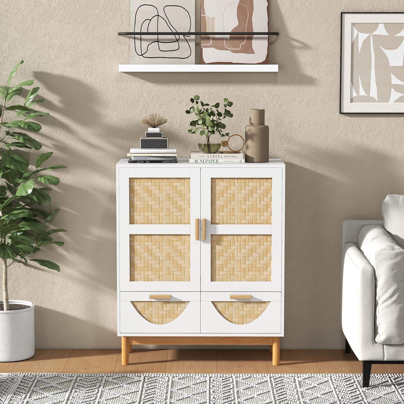 Giantex 2-Door Sideboard Buffet Cabinet, Accent Floor Storage Cabinet with Bamboo Woven Doors