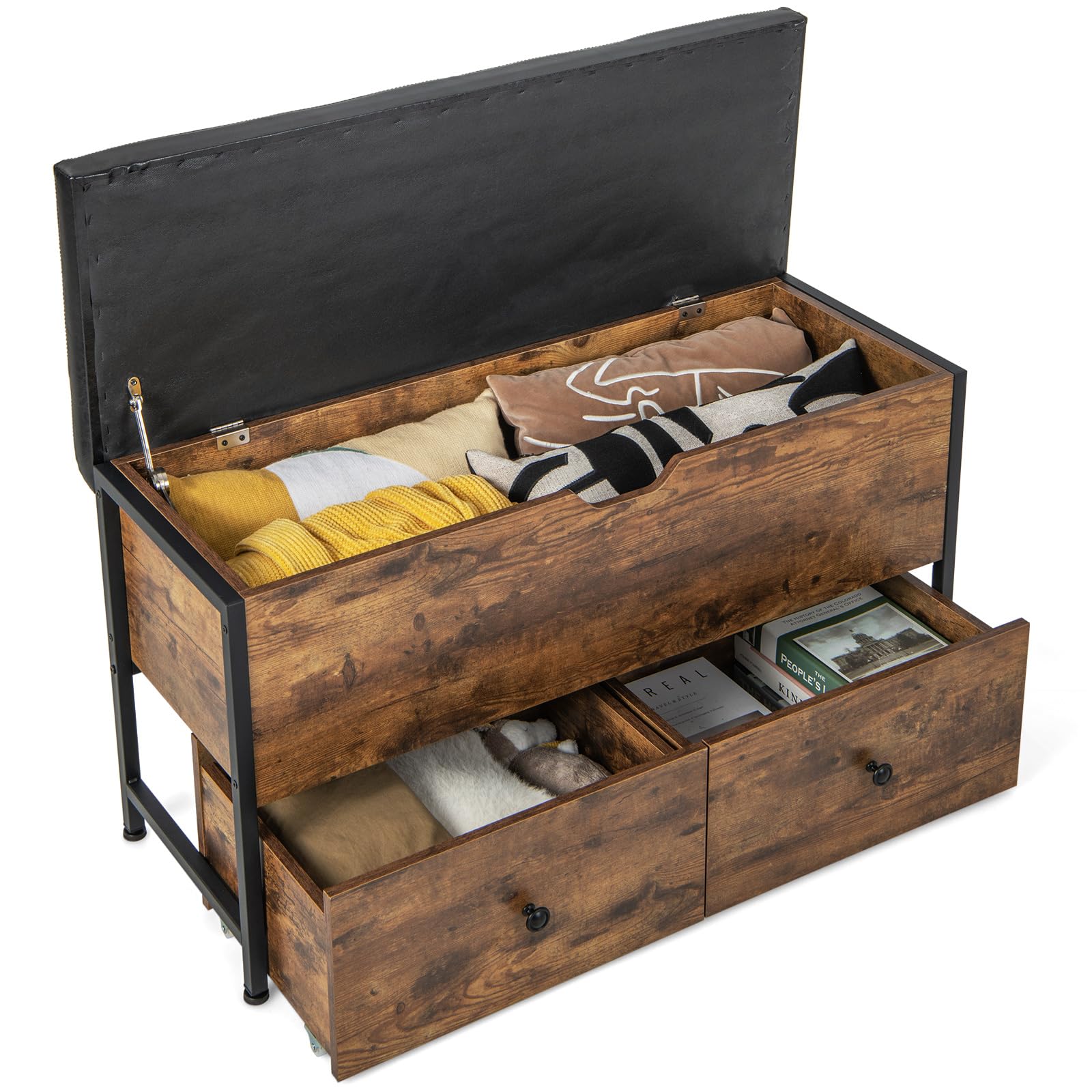 Giantex Storage Ottoman Bench with Padded Seat Cushion, Flip Top Storage Chest with 2 Drawers