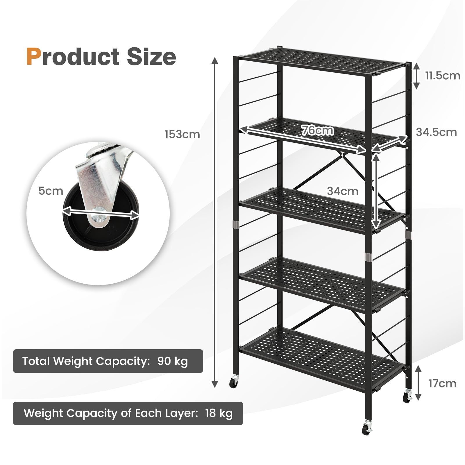 Giantex Folding Storage Shelves, 5-Tier Metal Collapsible Shelves with Wheels