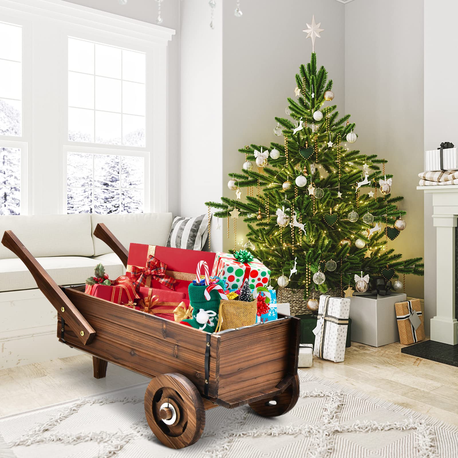 Giantex Wooden Wagon Planter Box, Decorative Wagon Cart with Wheels, Handles, Drainage Hole