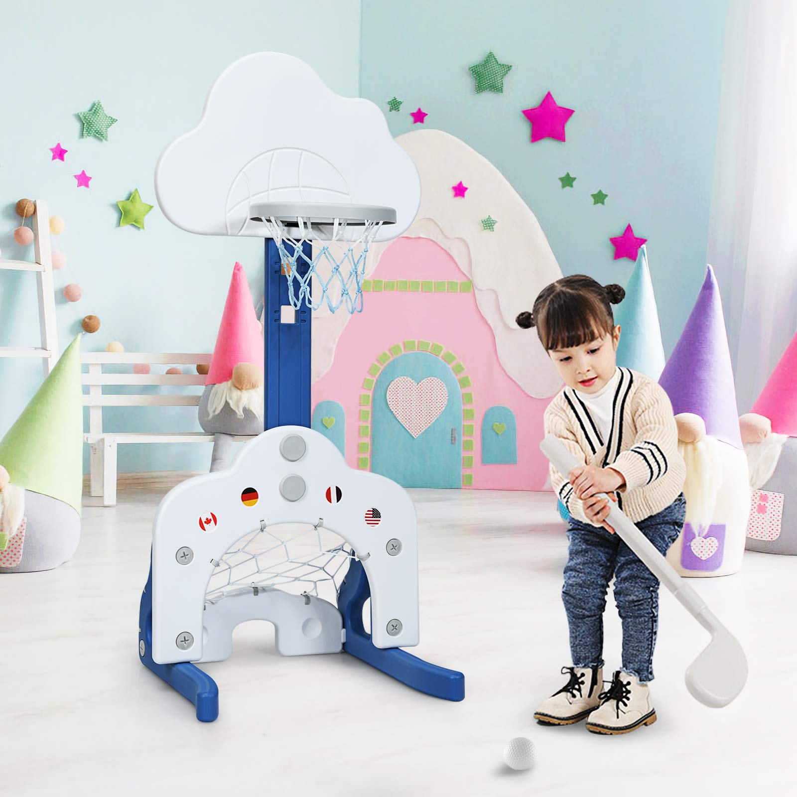 HONEY JOY Kids Basketball Hoop, 3 in 1 Toddler Sports Activity Center