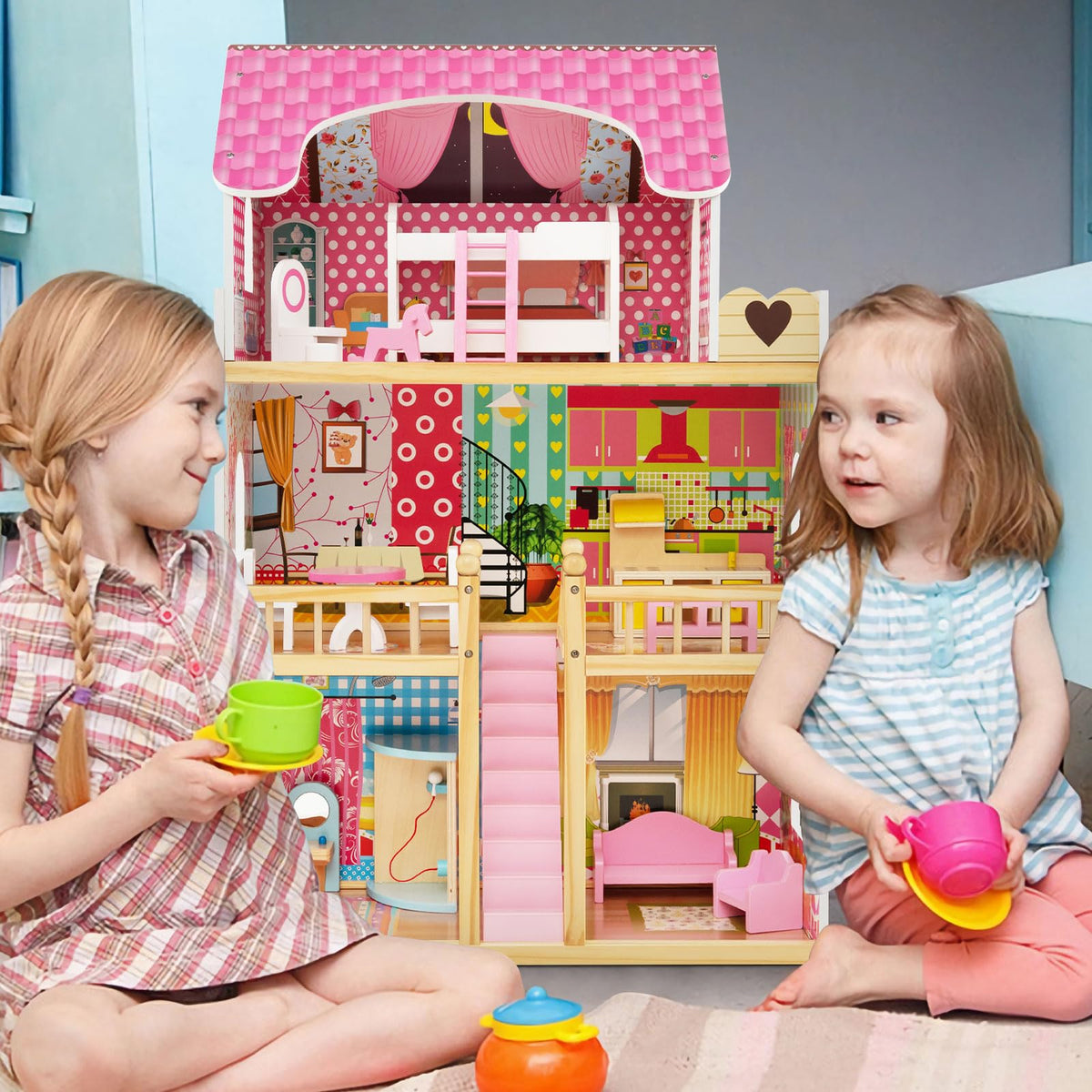 HONEY JOY Kids Wooden Dollhouse Playset w/15 Furniture Accessories