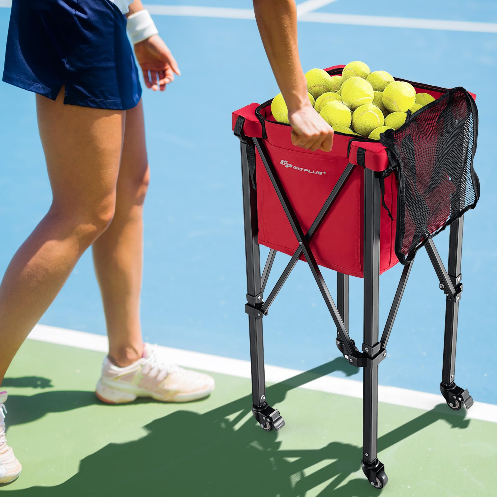 Foldable Tennis Ball Cart, Lightweight Aluminum Tennis Ball Hopper Basket w/Wheels