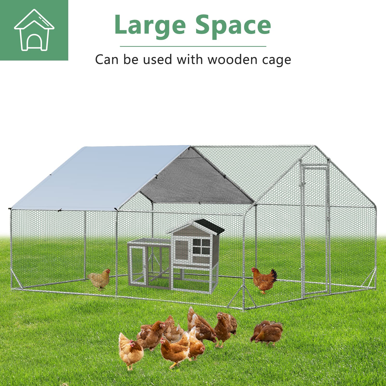 Large Spire-Shaped Chicken Coop, Galvanized Metal Hen House with Waterproof & Sun-protective Cover