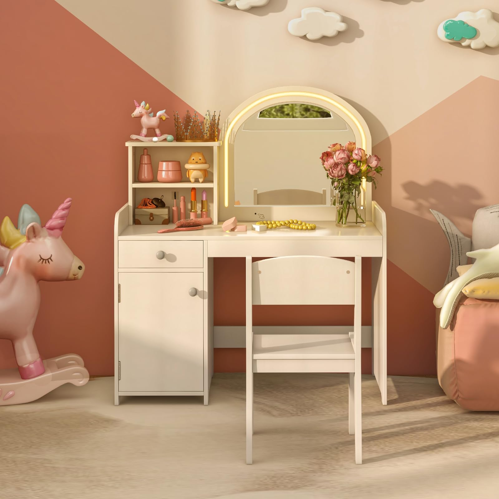 Kids Vanity Table with Stool, Children Makeup Table & Chair Set with 2-Color LED Lights, Mirror, Shelves