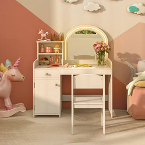 Kids Vanity Table with Stool, Children Makeup Table & Chair Set with 2-Color LED Lights, Mirror, Shelves