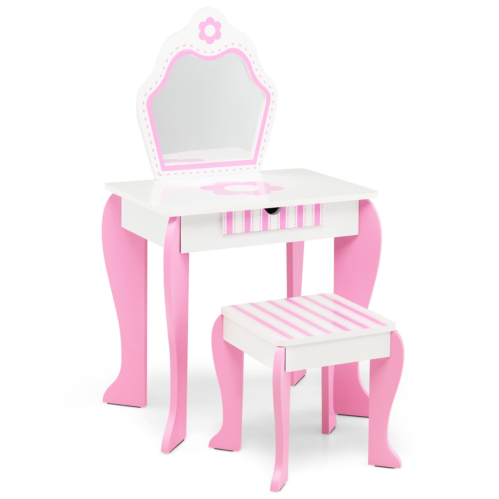 HONEY JOY Kids Vanity Table & Stool Set, 2-in-1 Princess Pretend Play Makeup Dressing Table Set w/Mirror & Drawer