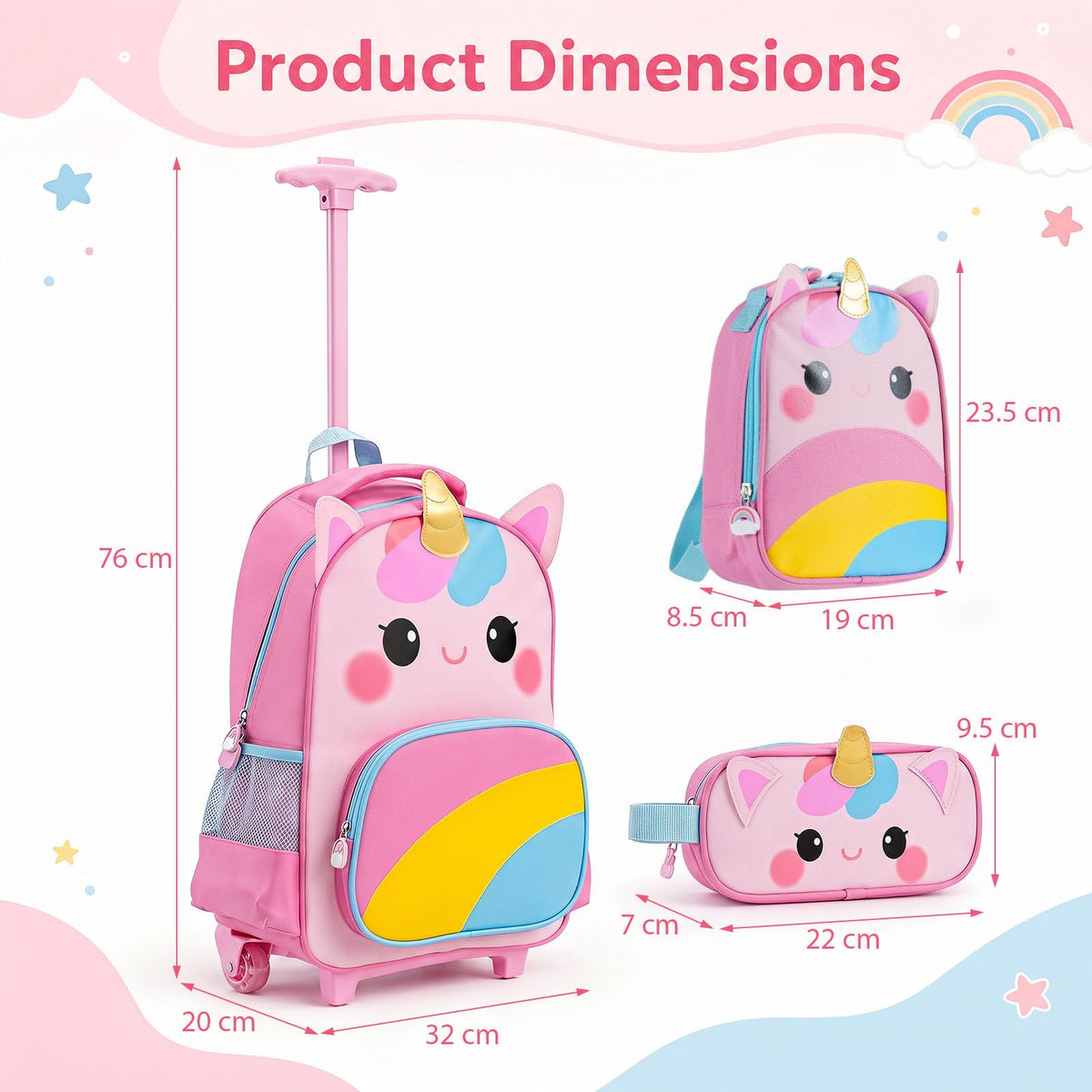 Wheeled Backpack with Lunch Box and Pencil Case, Travel Luggage for Kindergarten, Elementary Preschool Students