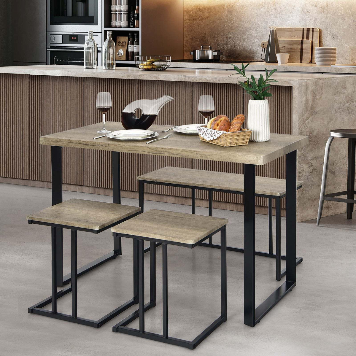 4 Piece Dining Table Set, Counter Height Table Set w/One Long Bench & Two Stools for 4