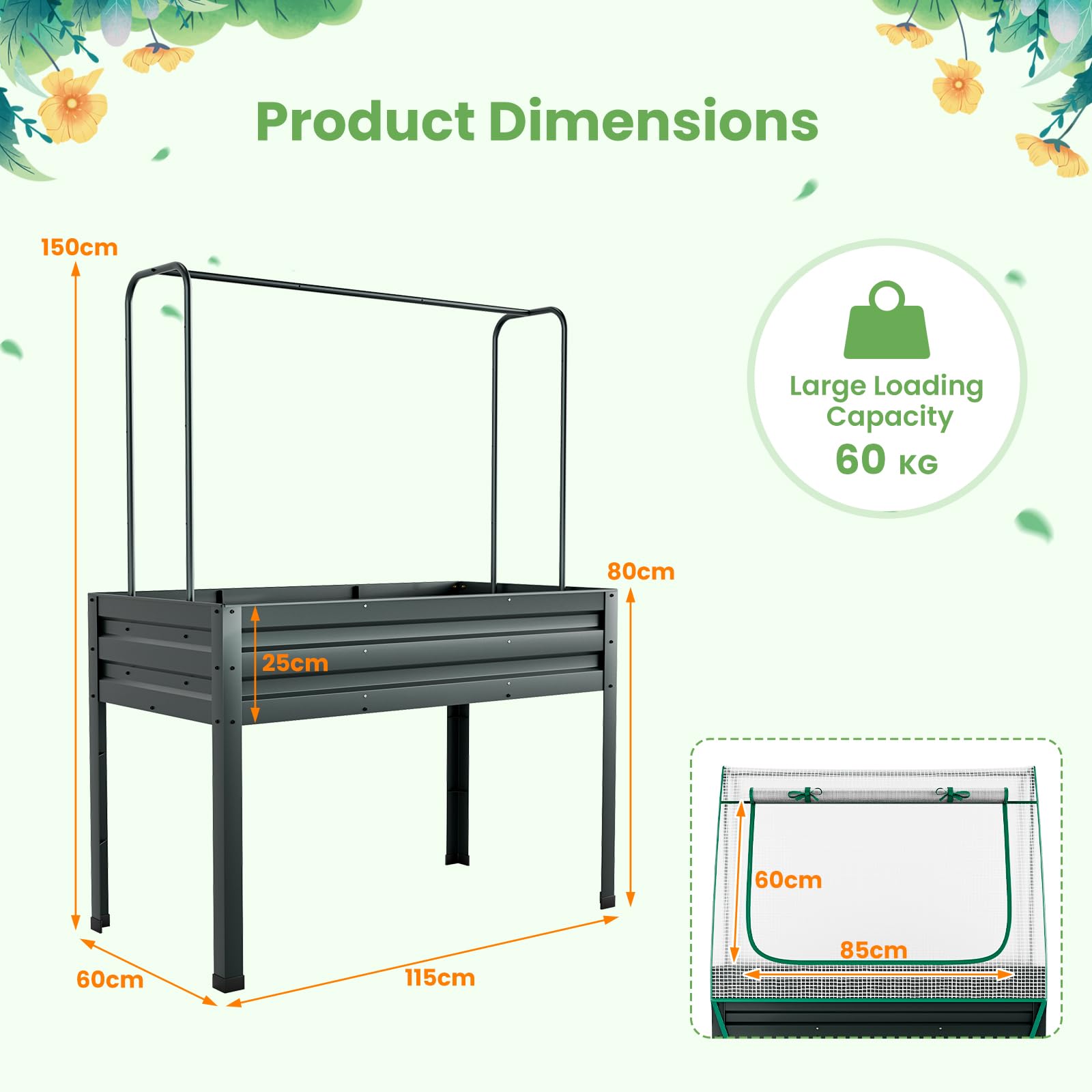 3-in-1 Raised Garden Bed w/Greenhouse Cover & Trellis, Galvanized Metal Elevated Planter Box w/Legs